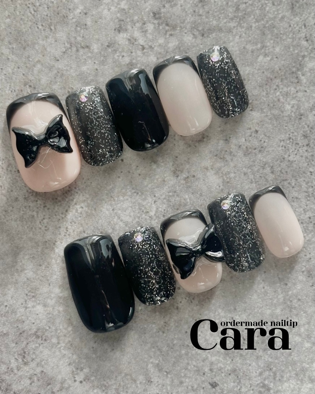 "Free 1 Type of Measurement Chip" Girly Black Nail Tips, Girly French Ribbon, Black, Pink, Silver, Glitter, Sparkle, Aurora Stone, Adult, Winter, Maiden