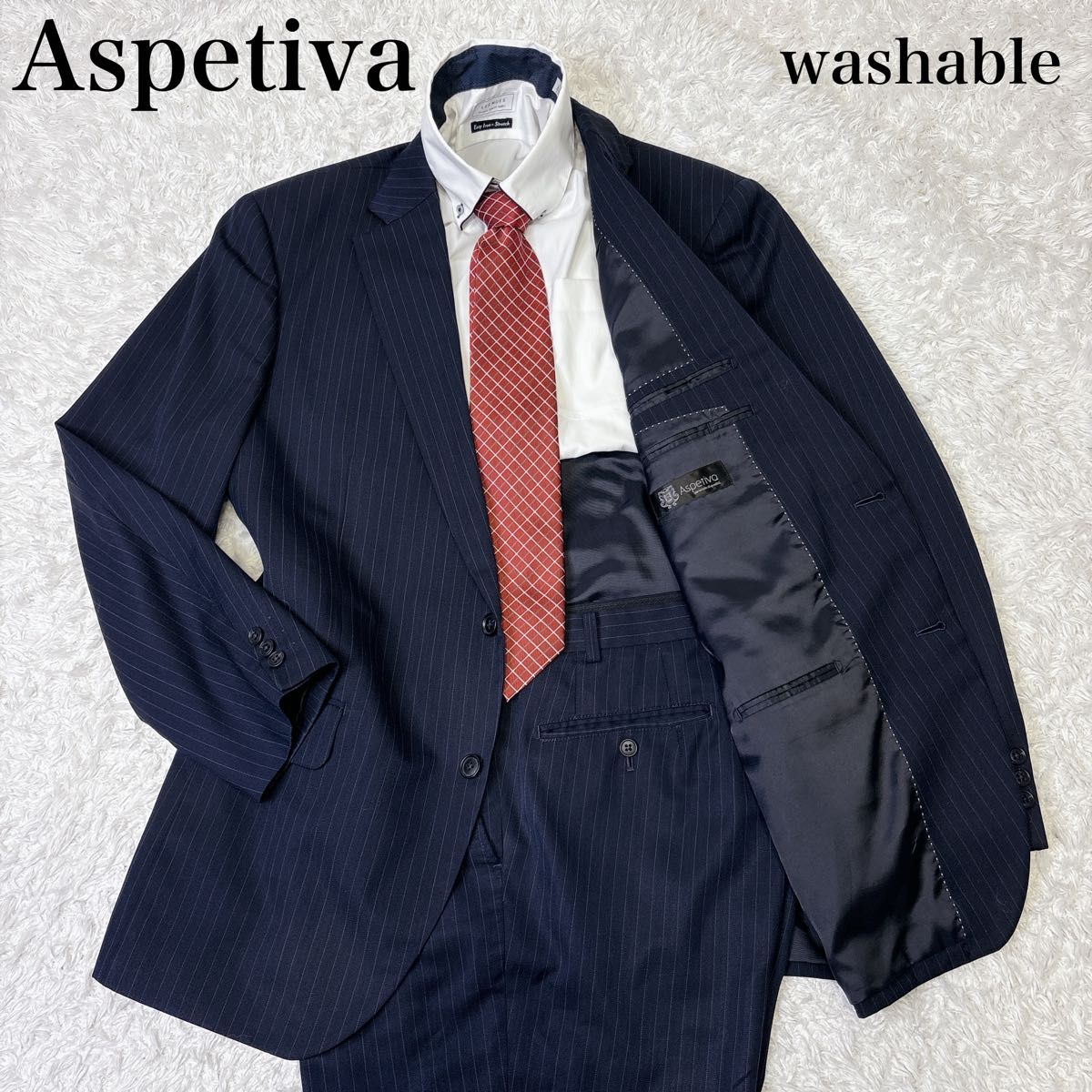 Aspetiva メンズスーツ セットアップ 上下 BB8 大きいサイズ ネイビー ストライプ 185cm前後 高身長