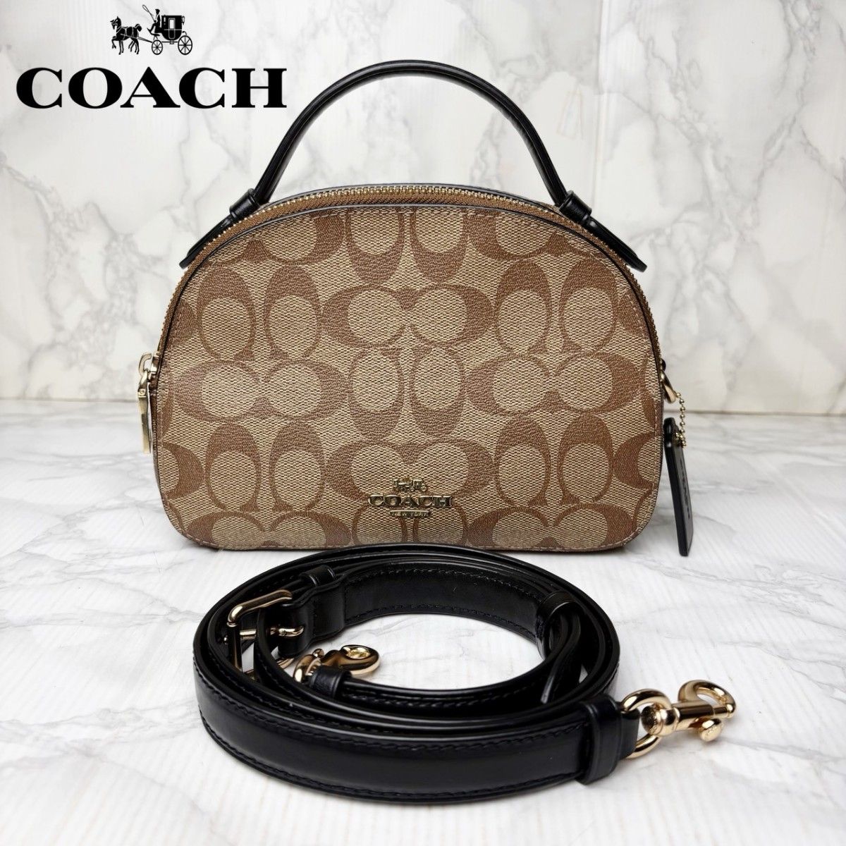 01未使用COACH教练2WAY手提包挎包签名PVC棕色