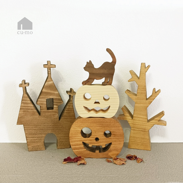 【新品】☆木制万圣节摆件四件套☆大小南瓜、猫咪小屋、树形摆件,家居装饰品,时尚可爱,木质工艺品,自然风格
