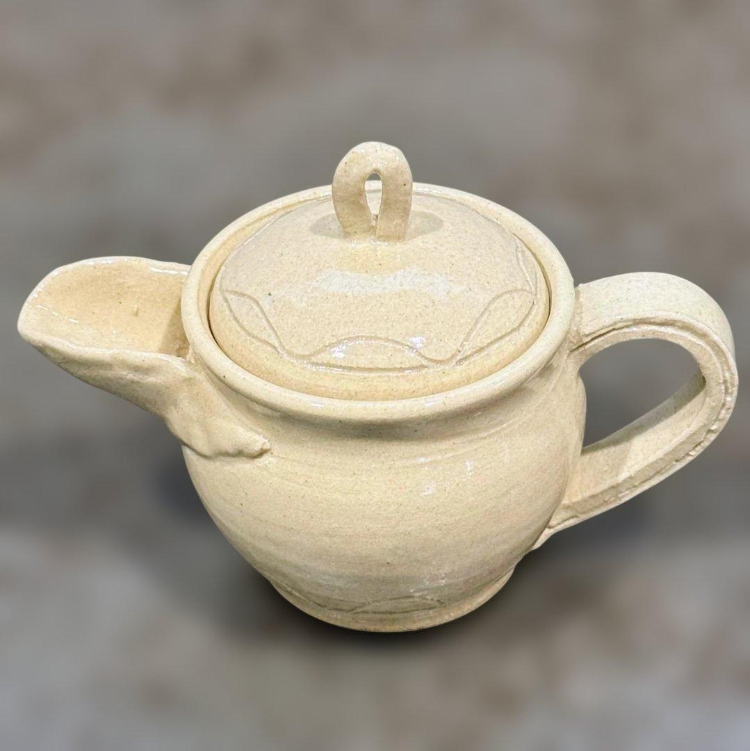 手工陶瓷茶壶 带滤网 陶土 线刻波浪纹 自然风格