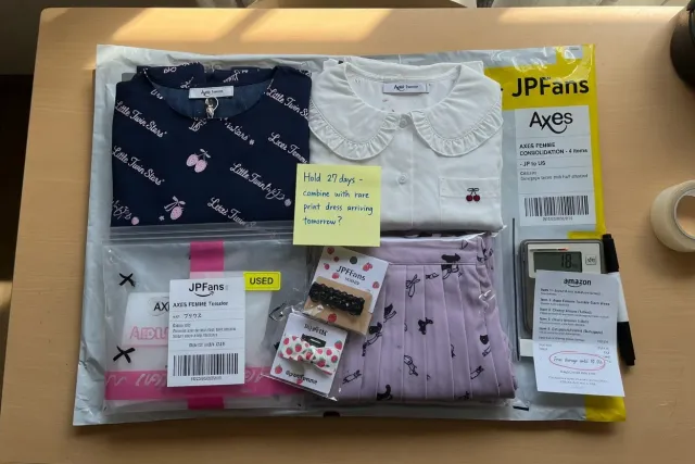 Several axes femme purchases including dresses, blouses, and skirts prepared together for international shipping