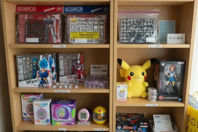 Bandai Gunpla kits, S.H.Figuarts action figures, Tamagotchi devices, and plush character goods arranged on shelves