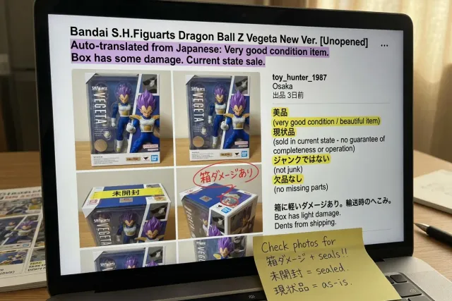 Auto-translated Japanese Bandai marketplace listing with condition notes and product photographs
