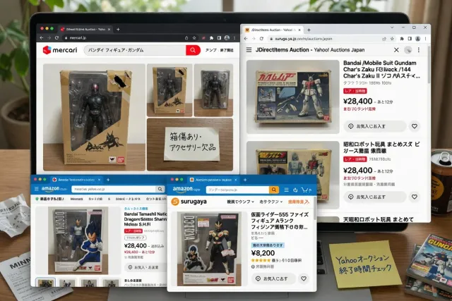 Japanese marketplace listing page showing Bandai figures, model kits, and character toys for sale