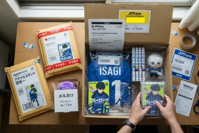 Blue Lock order consolidation with anime merchandise parcels prepared for international shipping