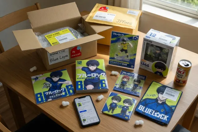 Blue Lock merchandise from Japan including anime character acrylic stands, badges, and plush toys