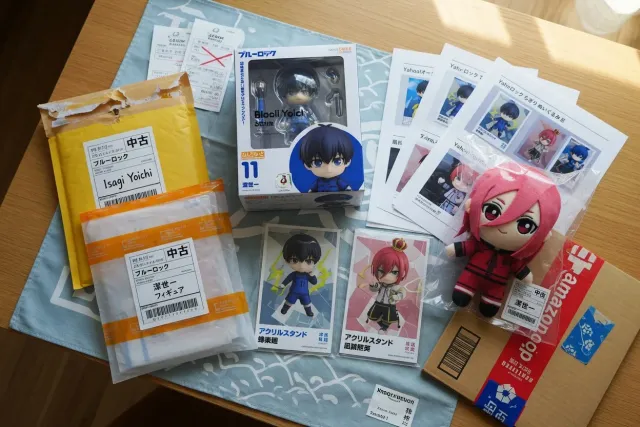 Blue Lock items and character merchandise displayed in a Japanese collectibles shop