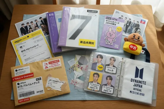 BTS merchandise from Japan including albums, photocards, and character goods displayed for collectors