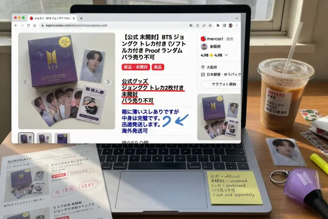 Japanese BTS listings for albums, photocards, and official merchandise on a shopping screen
