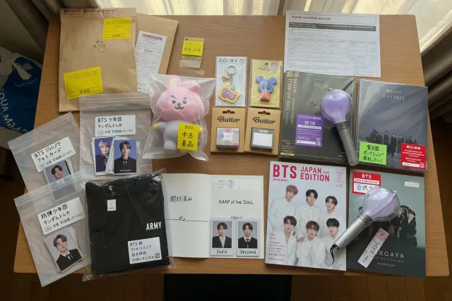 Selection of BTS light sticks, BT21 goods, magazines, and Japanese edition albums from Japan marketplaces