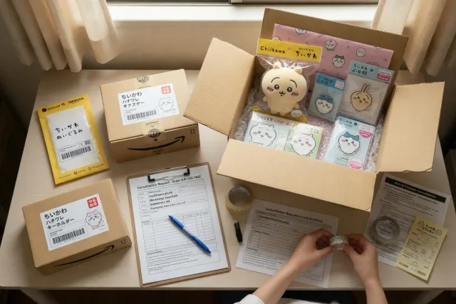 Chiikawa merchandise orders prepared for package consolidation and international shipping from Japan