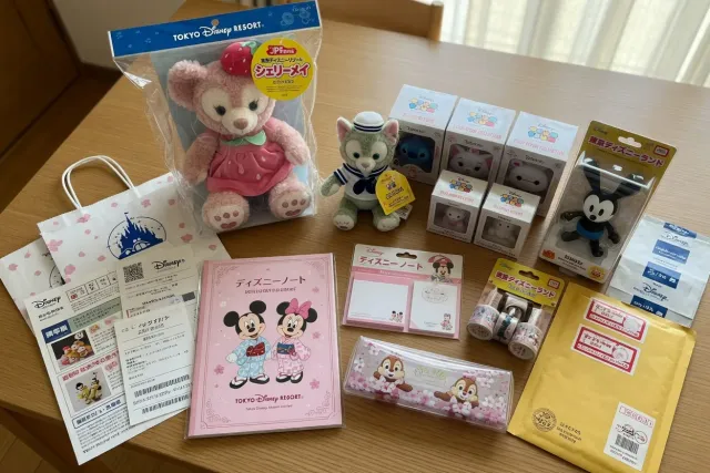Japanese Disney merchandise and Tokyo Disney Resort collectibles arranged for overseas shopping
