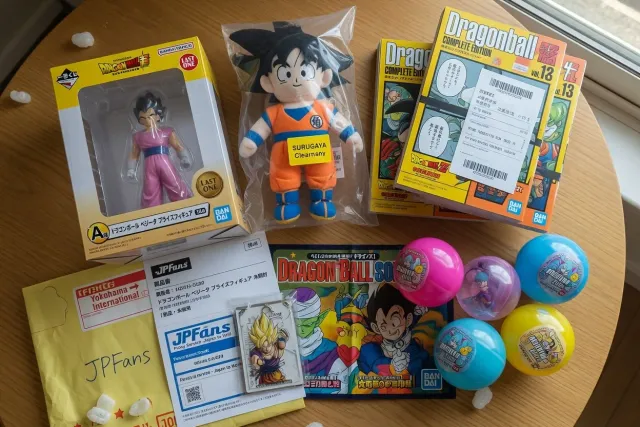 Dragon Ball merchandise from Japan including anime figures, plush toys, manga, and capsule collectibles
