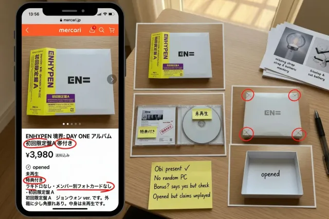Close-up of an ENHYPEN album listing showing obi strip, bonus inclusions, and product condition photos