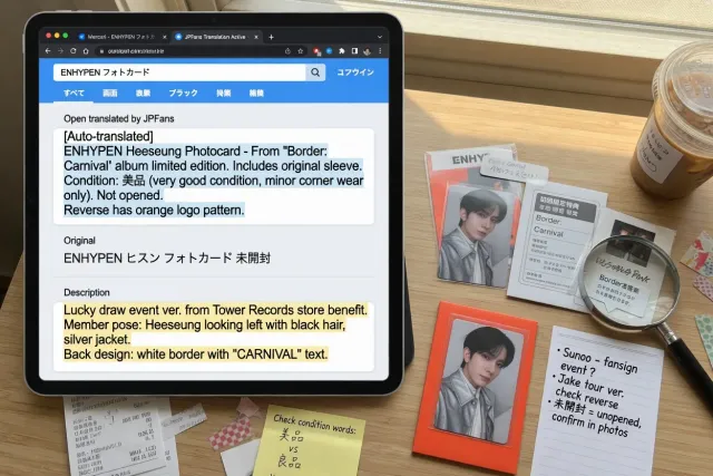 A shopper searching Japanese ENHYPEN listings with translated product details for a photocard collection