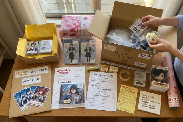 Several Ensemble Stars!! merchandise orders being packed together for international shipping from Japan