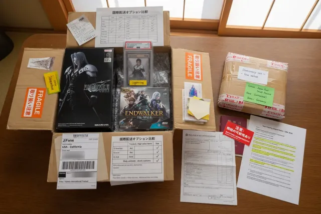 Packed Final Fantasy collectibles from Japan ready for worldwide shipping with different carrier options