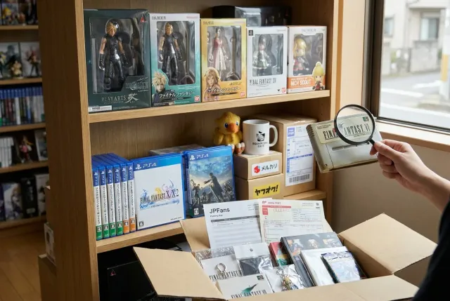 Final Fantasy items from Japan including character figures, games, and collectible merchandise on a display shelf