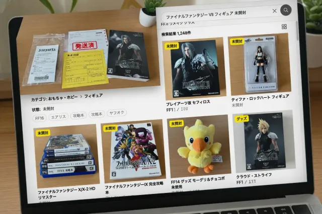 Japanese Final Fantasy listings search results with figures, game software, and character merchandise