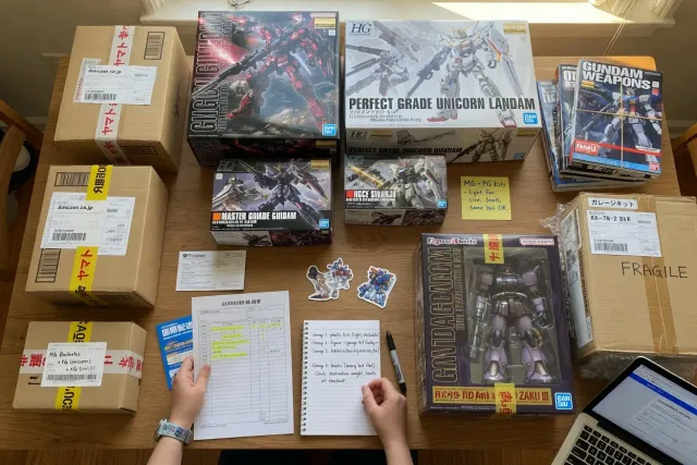 Decide which Gundam purchases belong in the same parcel