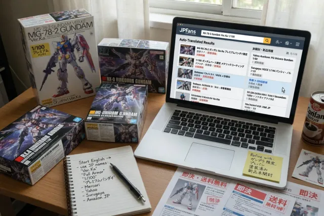 Person searching Japanese Gundam listings with JPFinds auto-translation on a laptop beside Gunpla model kits