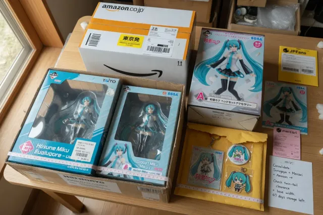 Several Hatsune Miku merchandise parcels grouped together for consolidated international shipping