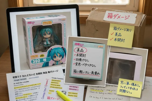 Close-up listing photos showing a boxed Hatsune Miku figure with Japanese condition notes
