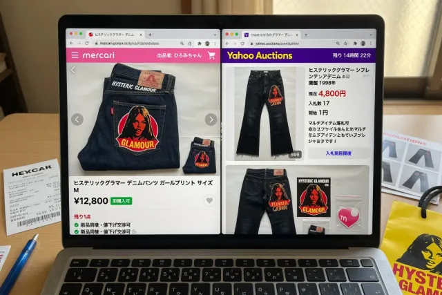 Laptop screen comparing a Hysteric Glamour jeans auction listing with a fixed-price Japanese marketplace listing