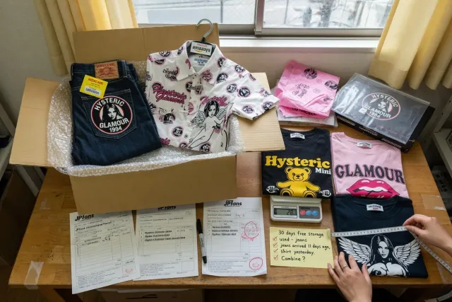 Several packaged Hysteric Glamour purchases being prepared together for international shipping from Japan