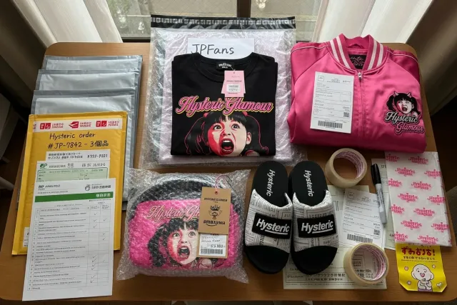Packed Hysteric Glamour clothing and accessories prepared for international shipping from Japan