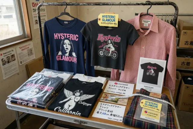 Vintage Hysteric Glamour clothing and graphic T-shirts on a Japanese marketplace rack