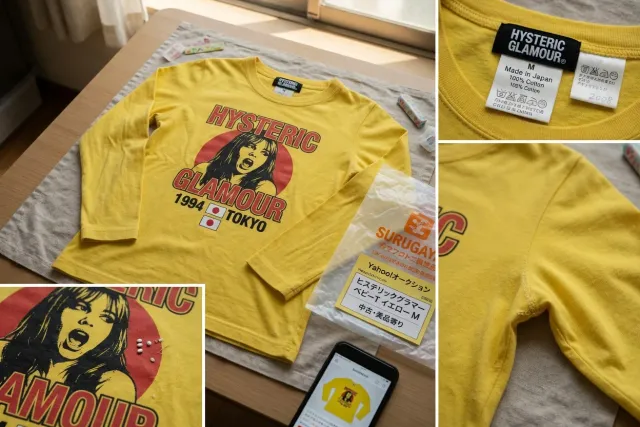 Used Hysteric Glamour jacket listing with close-up photos of the graphic print, label, and condition details