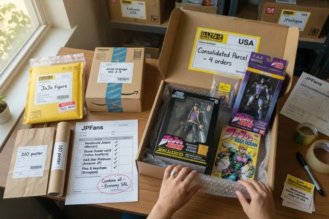 JoJo order consolidation with anime figures, manga, and collectible merchandise packed for international shipping