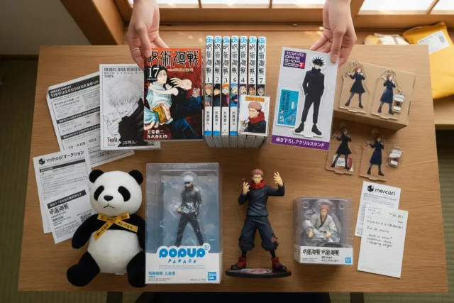 A collector comparing Jujutsu Kaisen figures, manga volumes, acrylic stands, and character plush from Japan