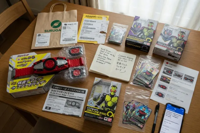 Kamen Rider goods from Japan including henshin belts, figures, cards, and character merchandise on display