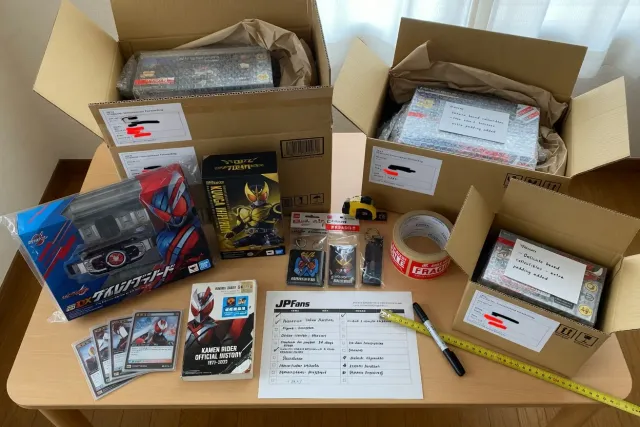 Several Kamen Rider merchandise parcels prepared together for international shipping from Japan