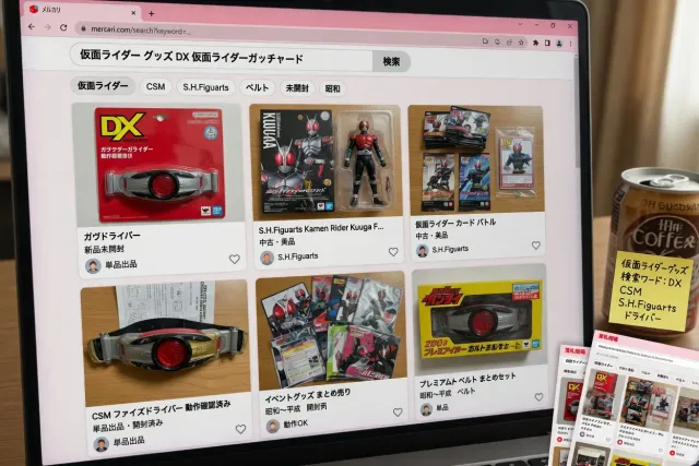 A Japanese marketplace search page showing Kamen Rider belts, figures, cards, and character goods