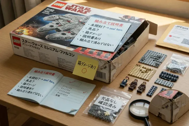 Close-up of a pre-owned LEGO set box and sorted bricks, illustrating LEGO condition checks on Japanese listings
