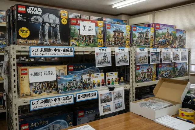 Shelves of LEGO sets in a Japanese hobby shop, showing why LEGO from Japan can offer distinctive finds