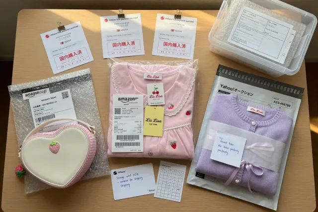 Several Liz Lisa clothing purchases grouped for package consolidation before worldwide shipping