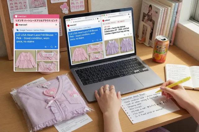 Shopper reading translated Mercari and Yahoo Auctions Japan fashion listings on a laptop