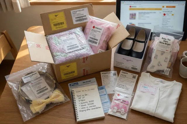 Lolitas fashion purchases from Japan packed together with dresses, shoes, socks, and hair accessories for worldwide shipping