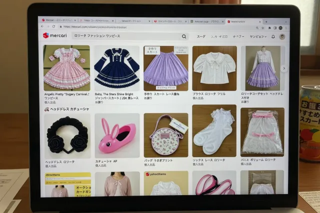 Japanese marketplace search results for lolitas fashion showing dresses, skirts, blouses, headdresses, and bags