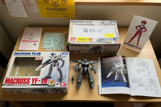 Macross Plus model kit, transforming Valkyrie toy, art book, and acrylic stand from Japan