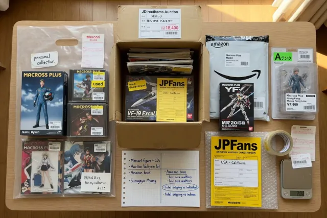 Macross Plus collectibles prepared for consolidated international shipping from Japanese marketplaces