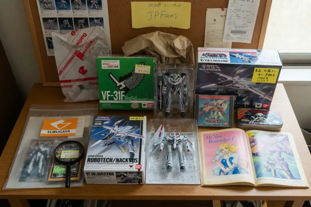 Macross collectibles from Japan including Valkyrie figures, model kits, and vintage character goods on display