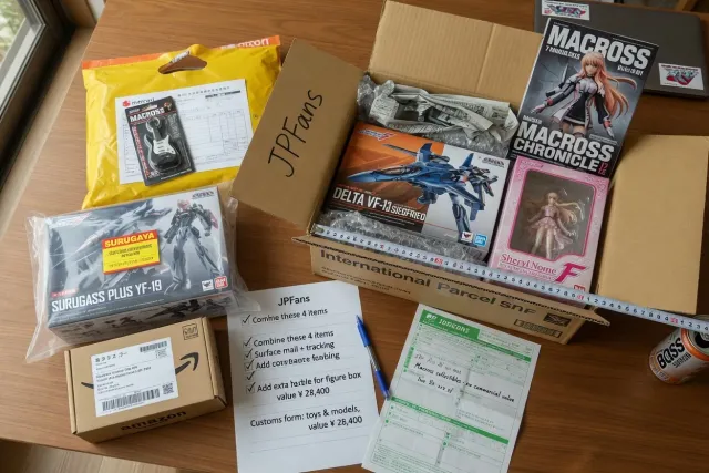 Macross order consolidation with anime figures, model kits, books, and collectibles packed for international shipping