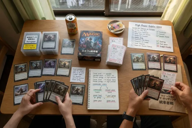 Players comparing EDH and Commander decks with legendary creatures and Magic cards on a table