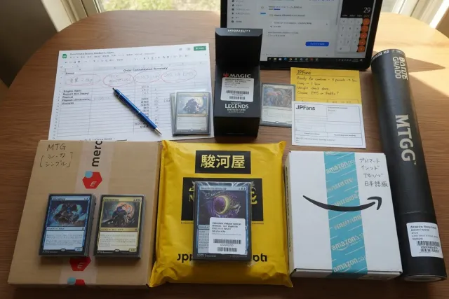 Magic The Gathering cards, deck boxes, and Japanese marketplace parcels prepared for consolidation